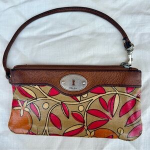 Fossil Key-per Tan Canvas Floral Fruit Wristlet with Brown Leather Trim